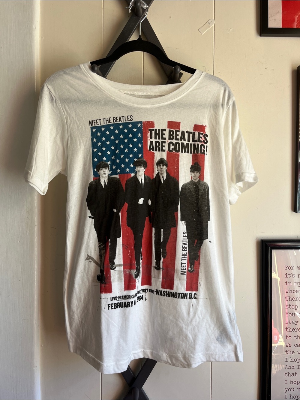 The Beatles White Short Sleeve Tee with Red & Blue Flag Graphic